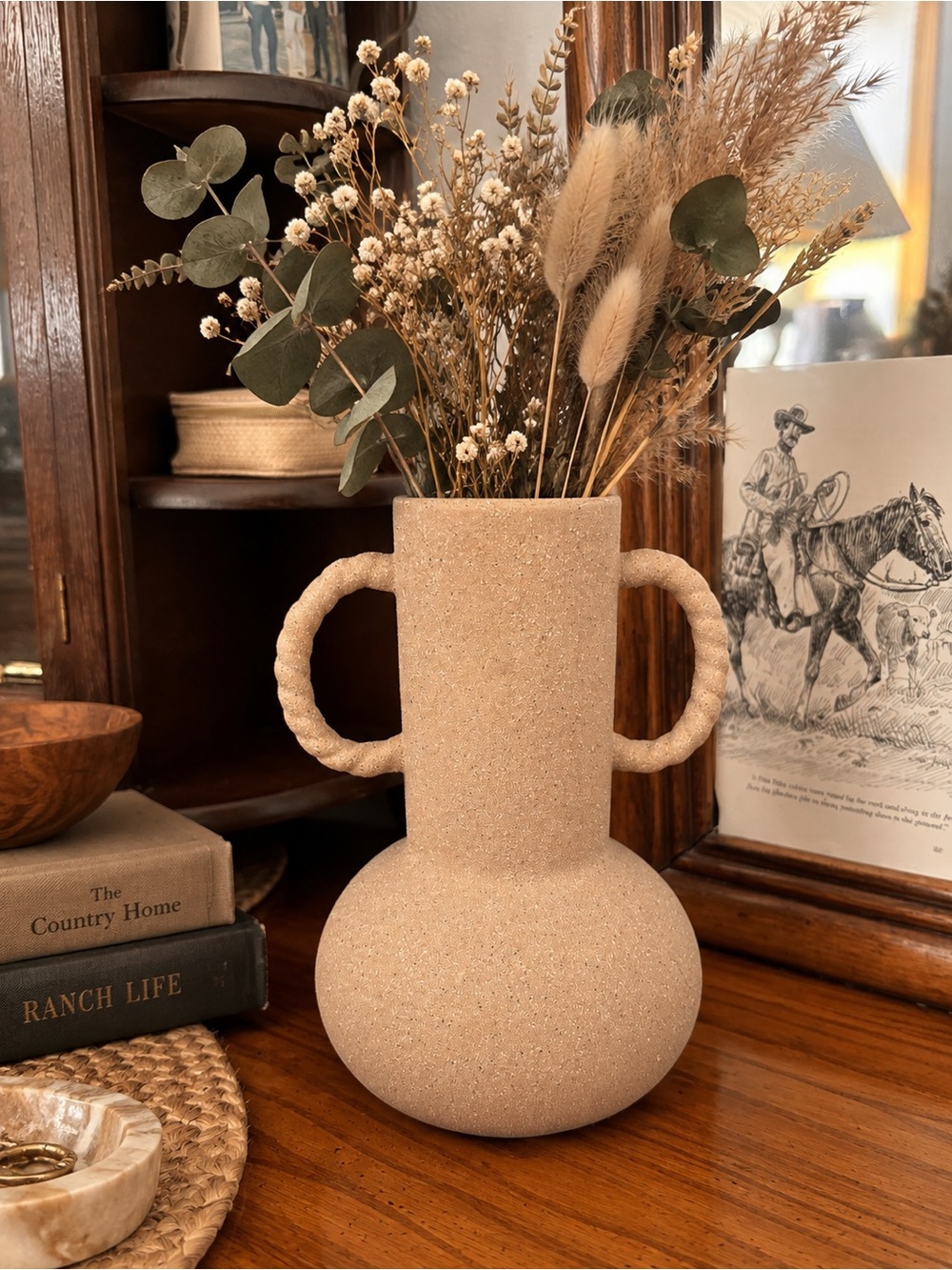 Vintage Sandstone Speckled Textured Double-Handle Vase